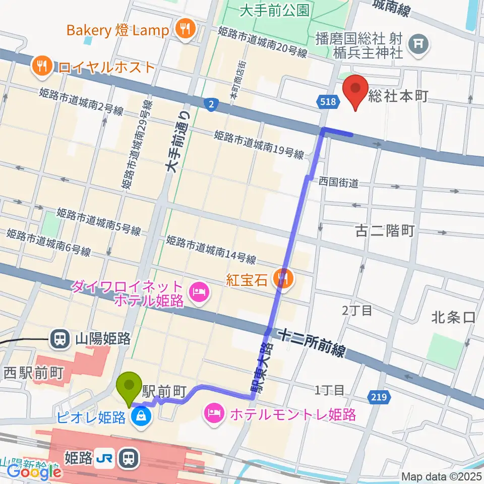 姫路市市民会館の最寄駅姫路駅からの徒歩ルート（約12分）地図