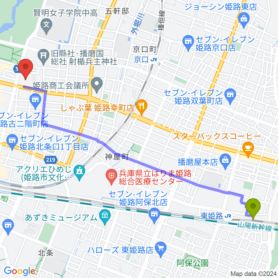 東姫路駅から姫路市市民会館へのルートマップ地図