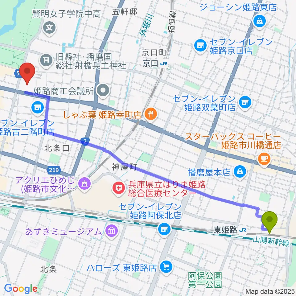 東姫路駅から姫路市市民会館へのルートマップ地図