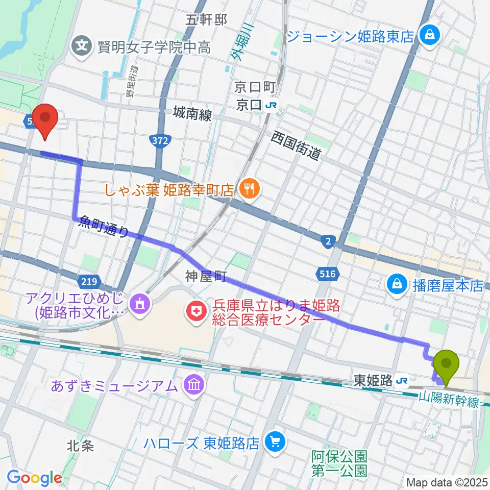 東姫路駅から姫路市市民会館へのルートマップ地図