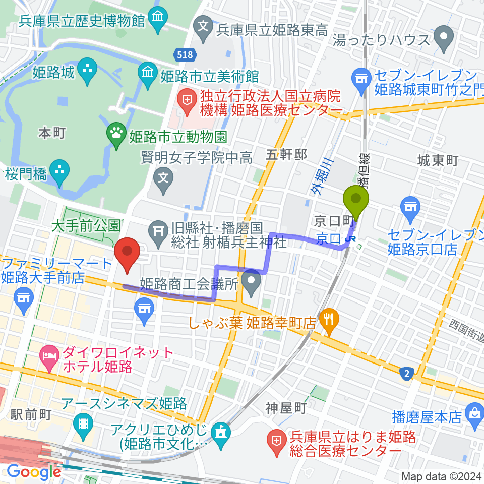 京口駅から姫路市市民会館へのルートマップ地図