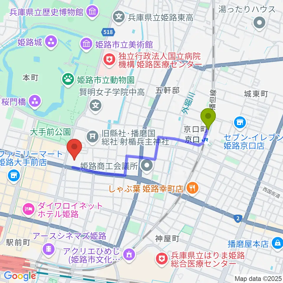 京口駅から姫路市市民会館へのルートマップ地図