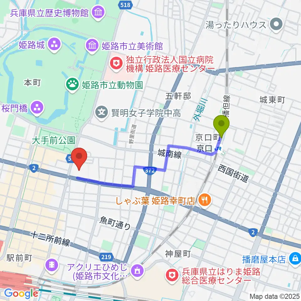 京口駅から姫路市市民会館へのルートマップ地図