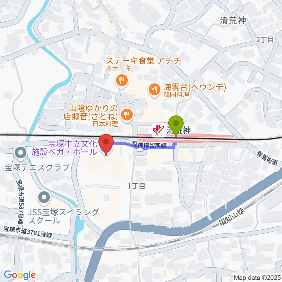 宝塚ベガ・ホールの最寄駅清荒神駅からの徒歩ルート（約2分）地図