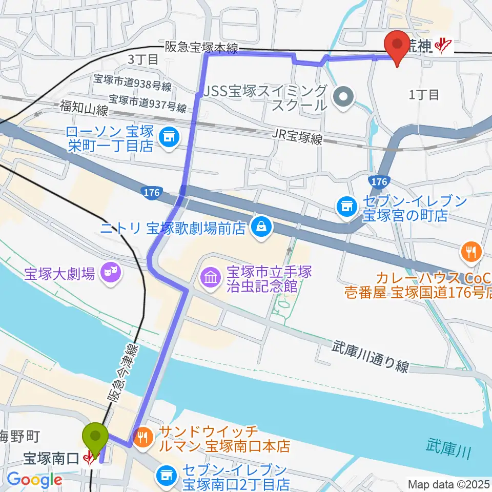 宝塚南口駅から宝塚ベガ・ホールへのルートマップ地図