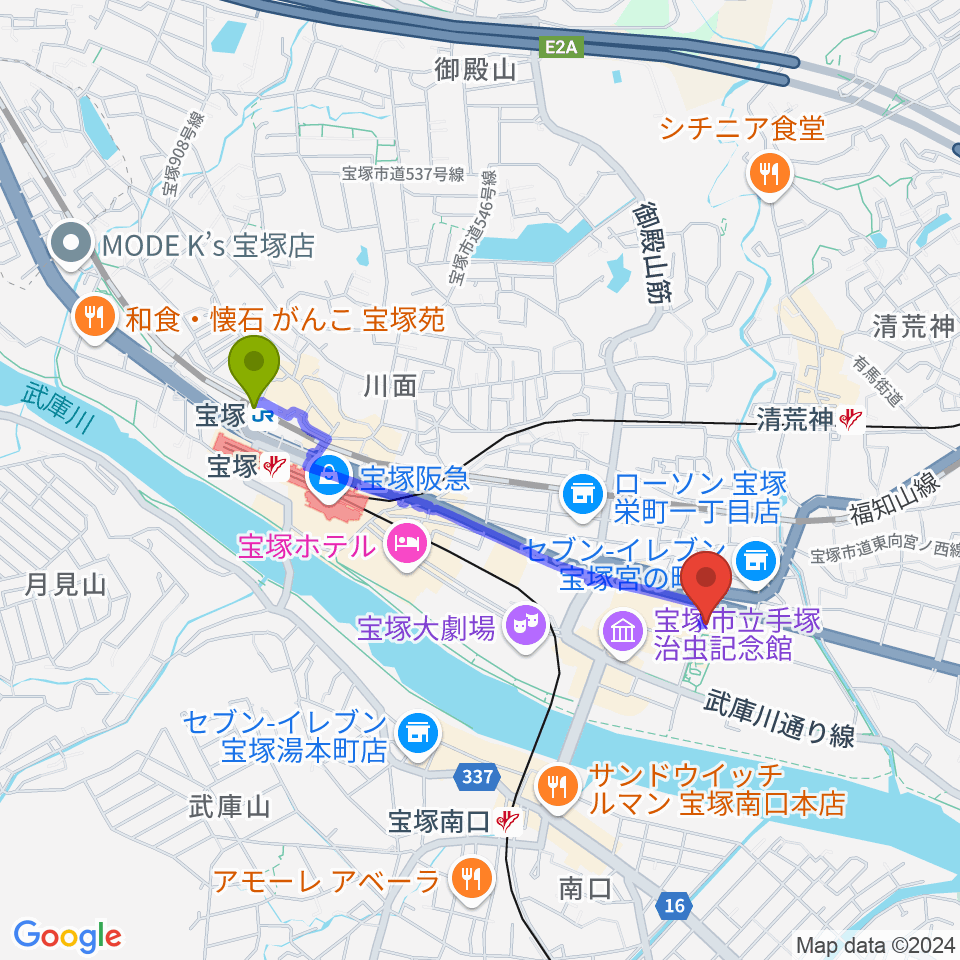 宝塚駅から宝塚文化創造館へのルートマップ地図