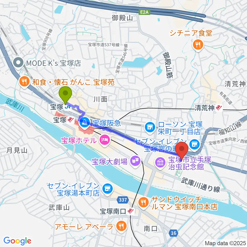 宝塚駅から宝塚文化創造館へのルートマップ地図