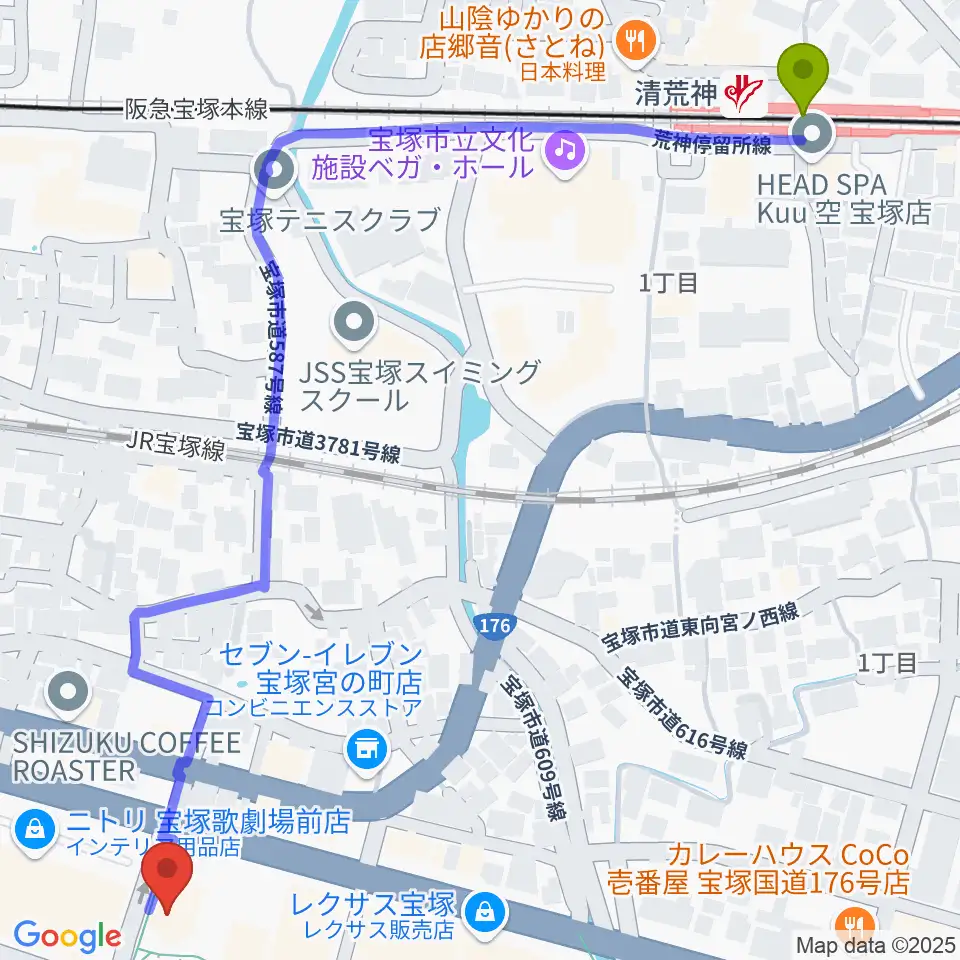 宝塚文化創造館の最寄駅清荒神駅からの徒歩ルート（約8分）地図