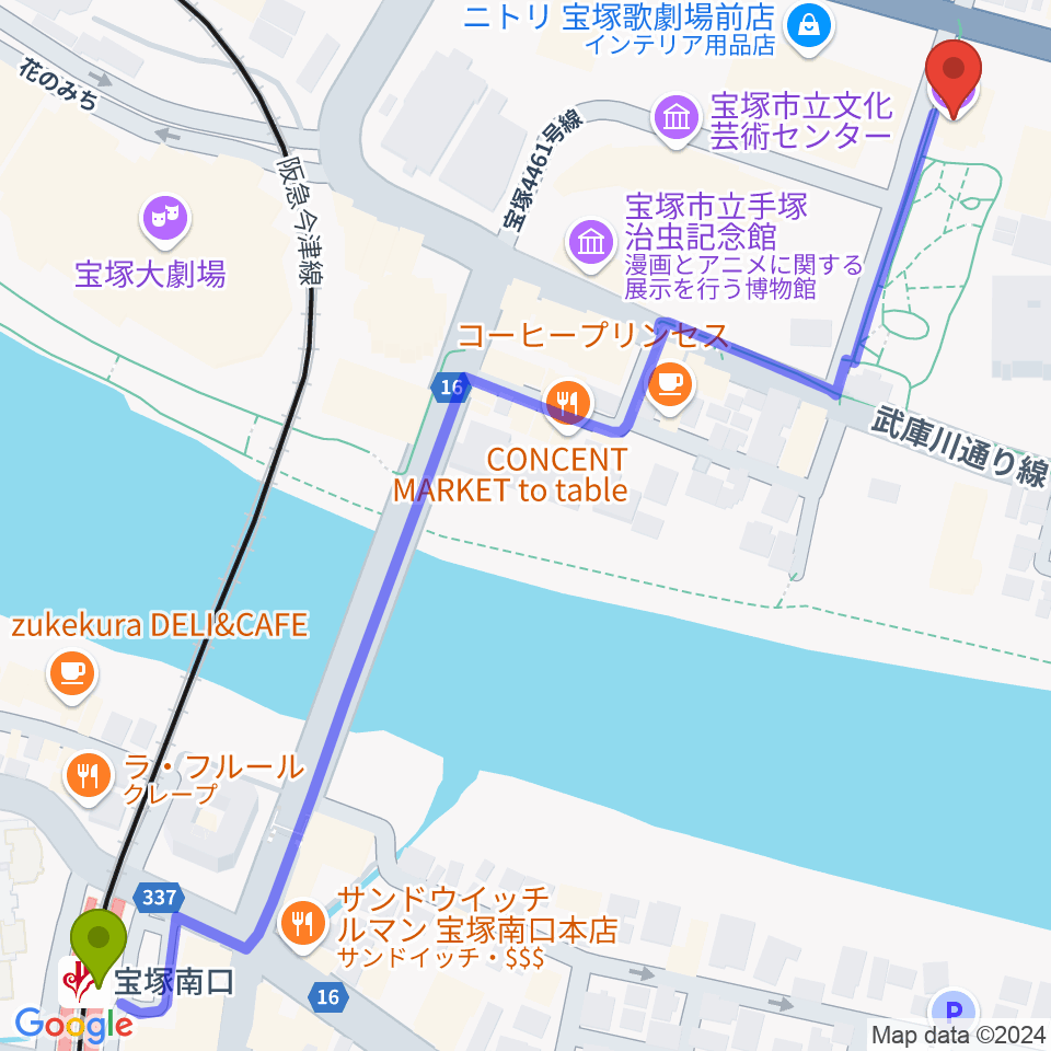 宝塚南口駅から宝塚文化創造館へのルートマップ地図