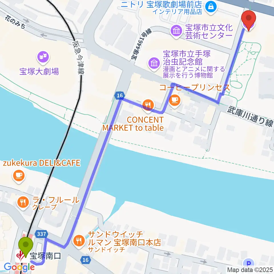 宝塚南口駅から宝塚文化創造館へのルートマップ地図