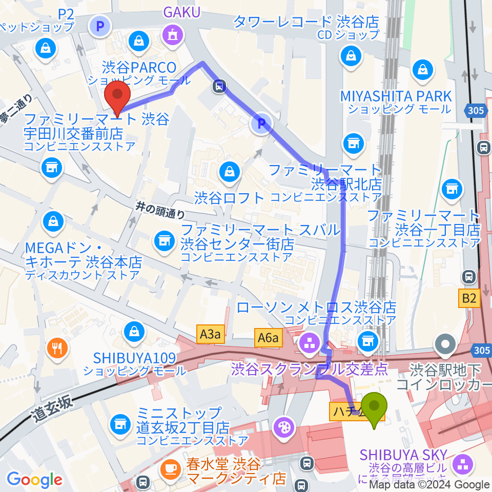 渋谷GARRETの最寄駅渋谷駅からの徒歩ルート（約6分）地図