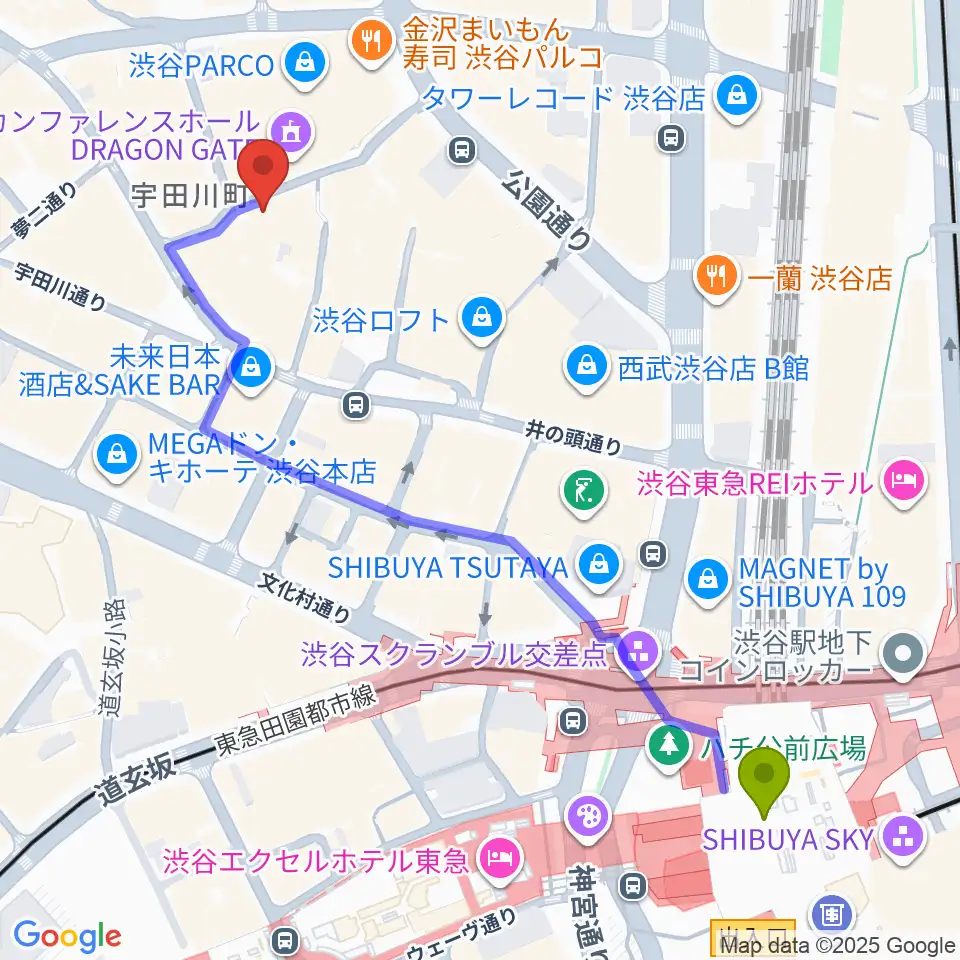 渋谷GARRETの最寄駅渋谷駅からの徒歩ルート（約6分）地図