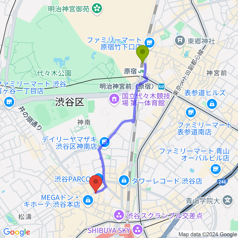 原宿駅から渋谷GARRETへのルートマップ地図