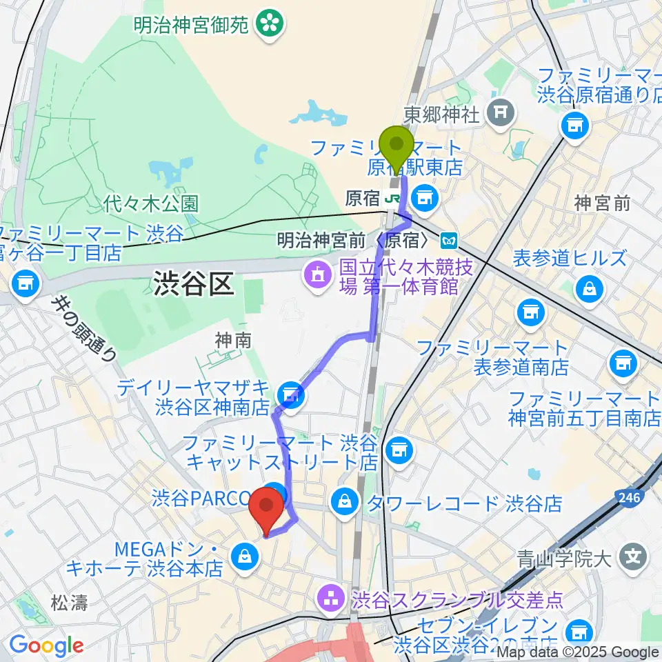 原宿駅から渋谷GARRETへのルートマップ地図