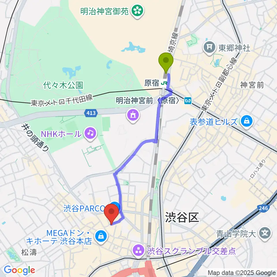 原宿駅から渋谷GARRETへのルートマップ地図