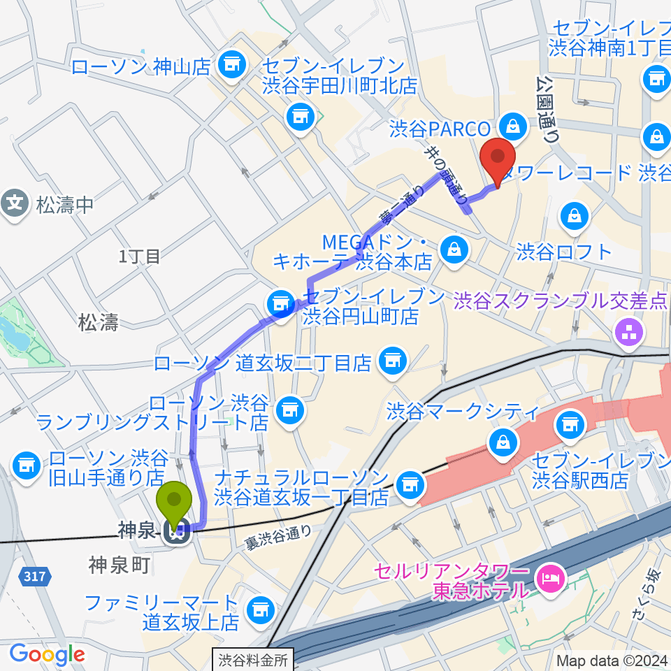 神泉駅から渋谷GARRETへのルートマップ地図