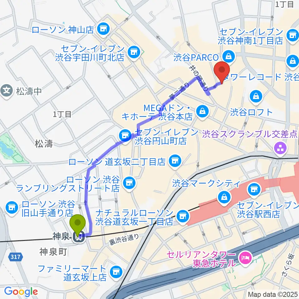 神泉駅から渋谷GARRETへのルートマップ地図