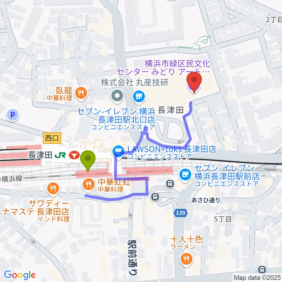 横浜市緑区民文化センター みどりアートパークの最寄駅長津田駅からの徒歩ルート（約4分）地図