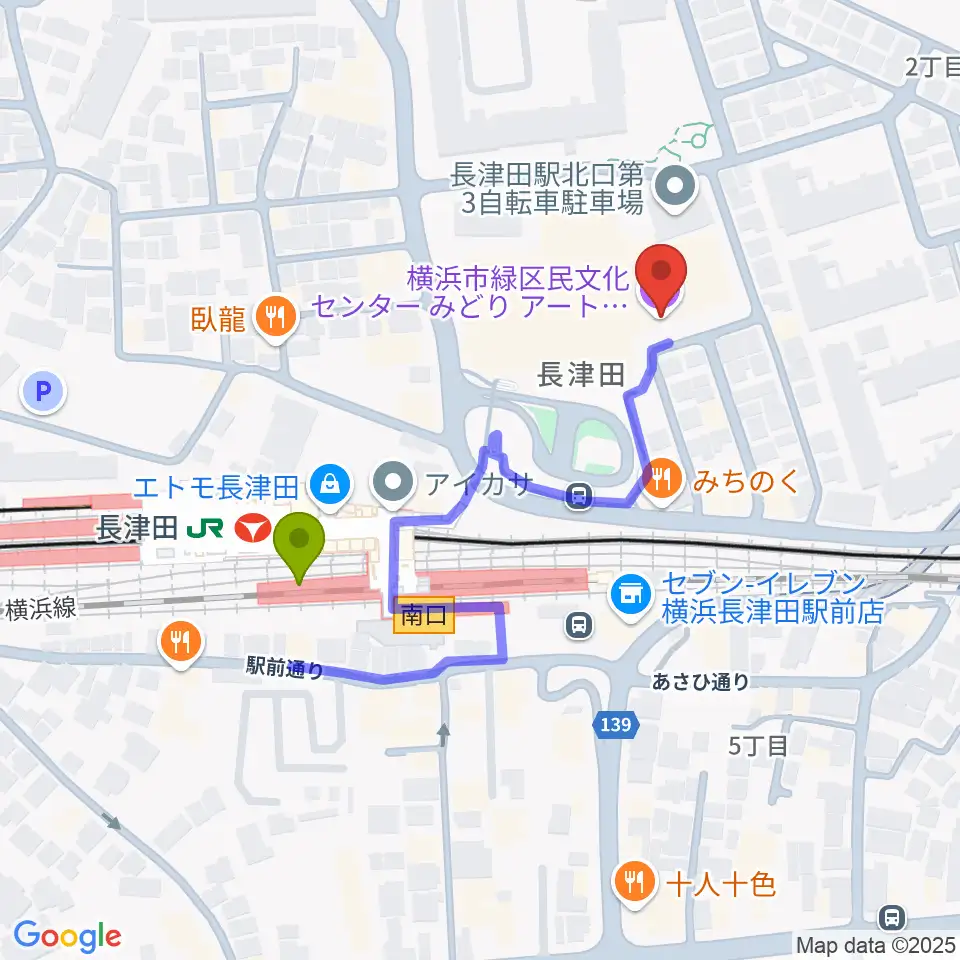 横浜市緑区民文化センター みどりアートパークの最寄駅長津田駅からの徒歩ルート（約4分）地図