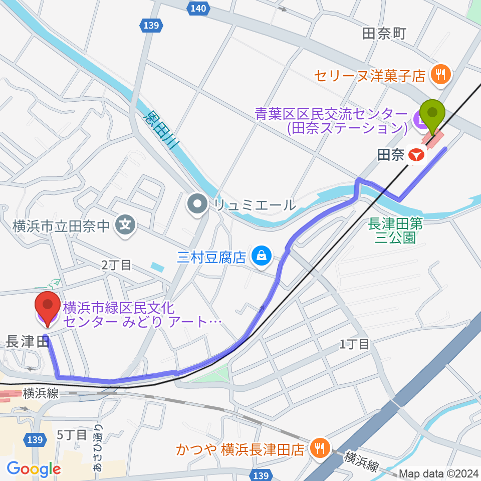 田奈駅から横浜市緑区民文化センター みどりアートパークへのルートマップ地図