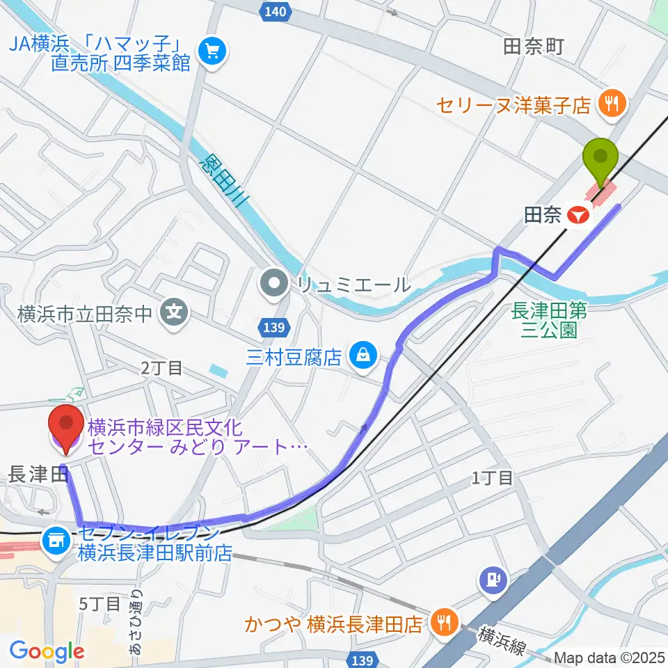 田奈駅から横浜市緑区民文化センター みどりアートパークへのルートマップ地図