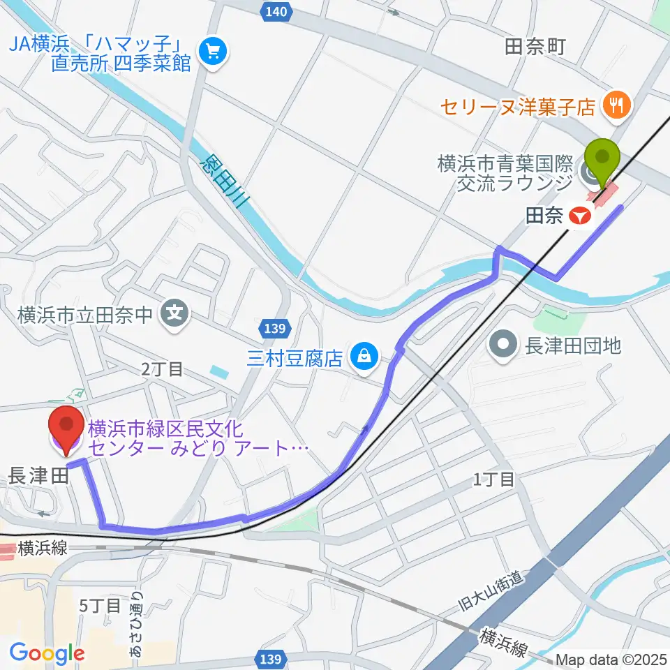 田奈駅から横浜市緑区民文化センター みどりアートパークへのルートマップ地図