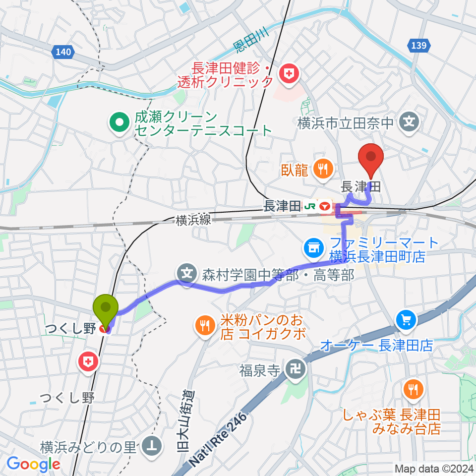 つくし野駅から横浜市緑区民文化センター みどりアートパークへのルートマップ地図