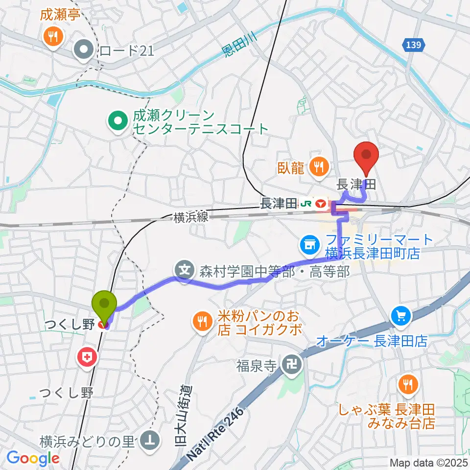 つくし野駅から横浜市緑区民文化センター みどりアートパークへのルートマップ地図