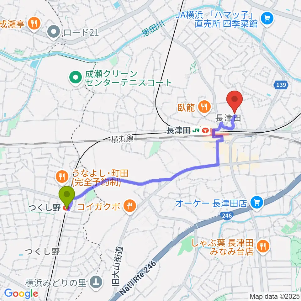 つくし野駅から横浜市緑区民文化センター みどりアートパークへのルートマップ地図