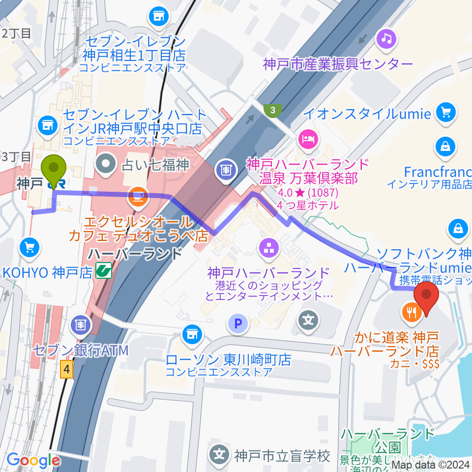 神戸モズライトカフェの最寄駅神戸駅からの徒歩ルート（約7分）地図