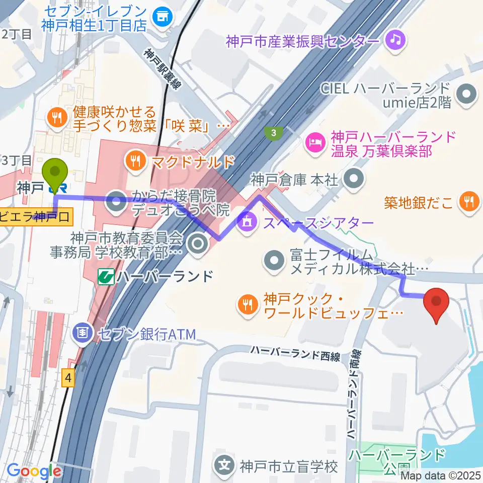 神戸モズライトカフェの最寄駅神戸駅からの徒歩ルート（約7分）地図