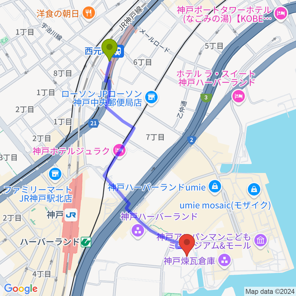 西元町駅から神戸モズライトカフェへのルートマップ地図