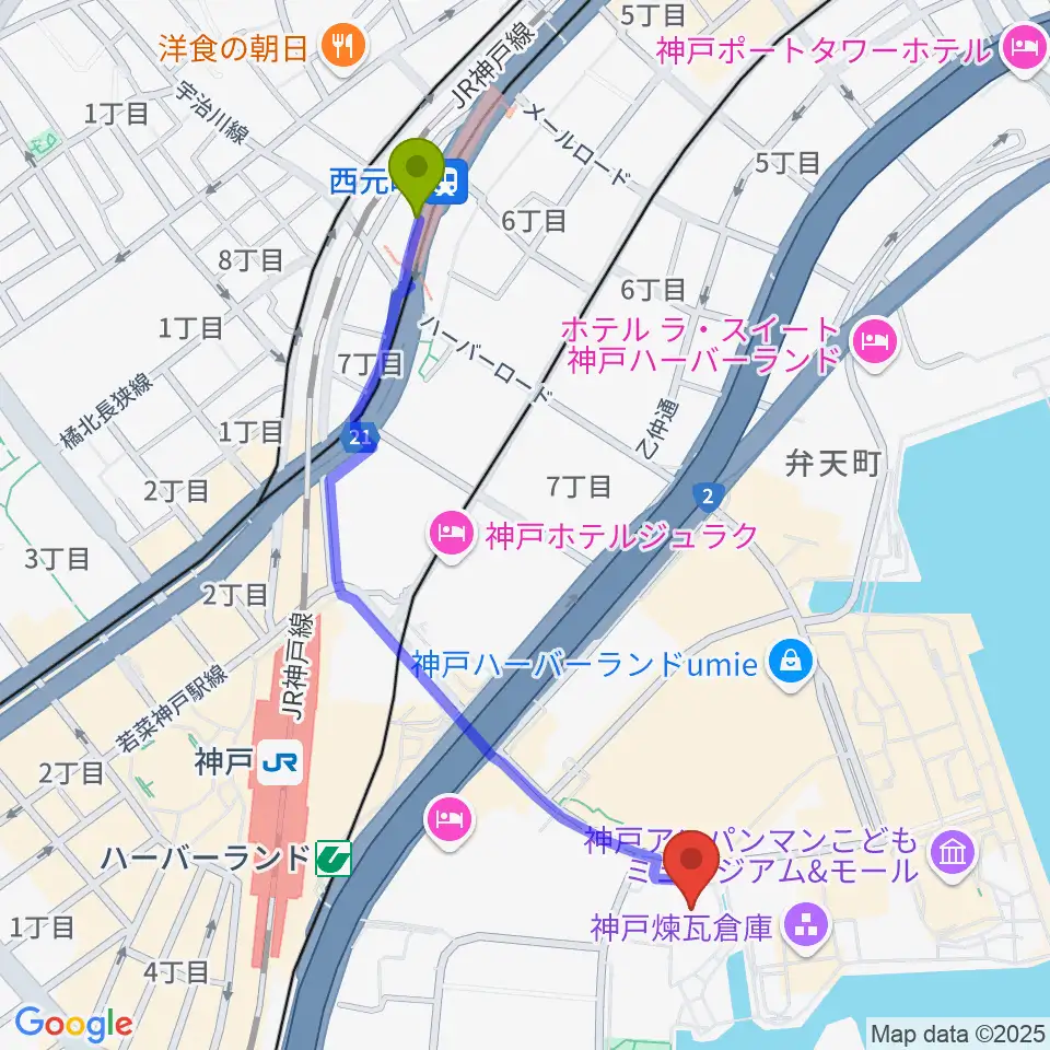 西元町駅から神戸モズライトカフェへのルートマップ地図