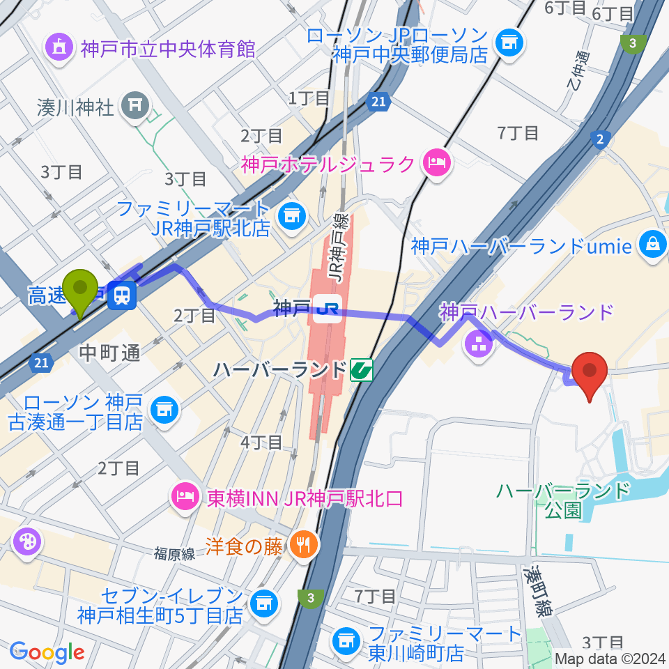 高速神戸駅から神戸モズライトカフェへのルートマップ地図