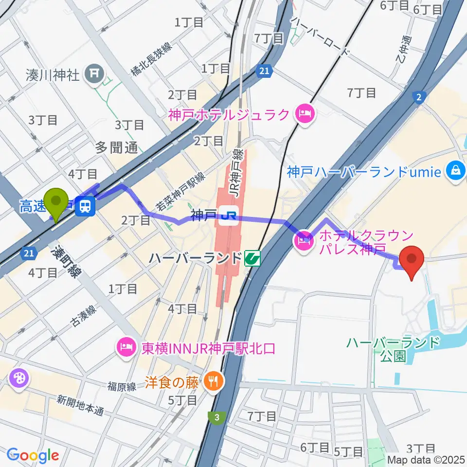 高速神戸駅から神戸モズライトカフェへのルートマップ地図