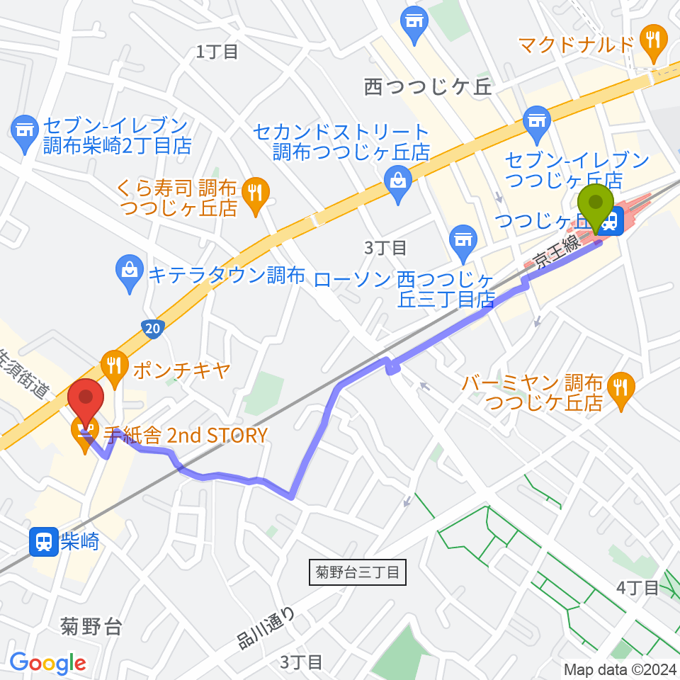 つつじヶ丘駅から柴崎MISS YOUへのルートマップ地図