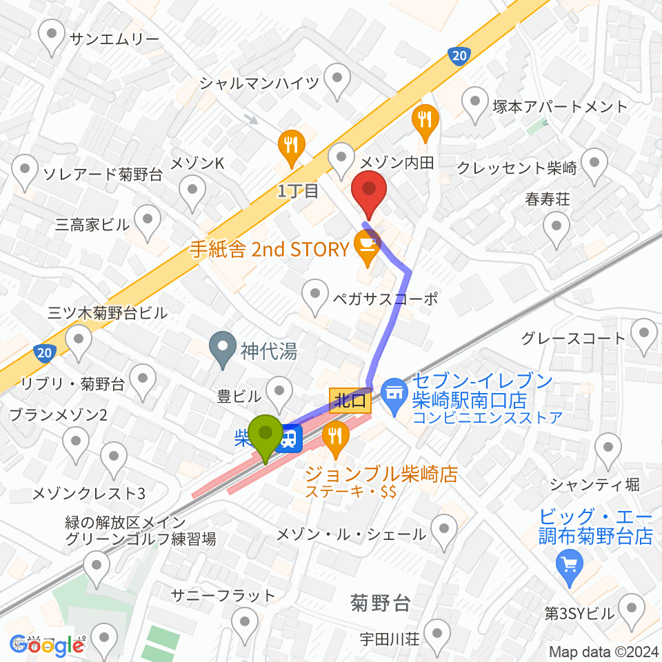 柴崎MISS YOUの最寄駅柴崎駅からの徒歩ルート（約3分）地図