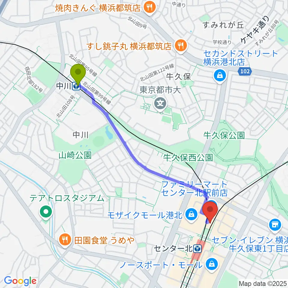 中川駅から横浜YTJホールへのルートマップ地図