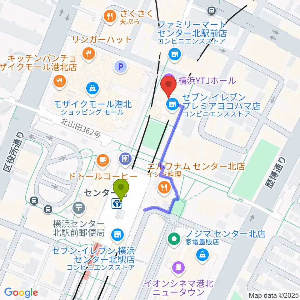 横浜YTJホールの最寄駅センター北駅からの徒歩ルート（約3分）地図