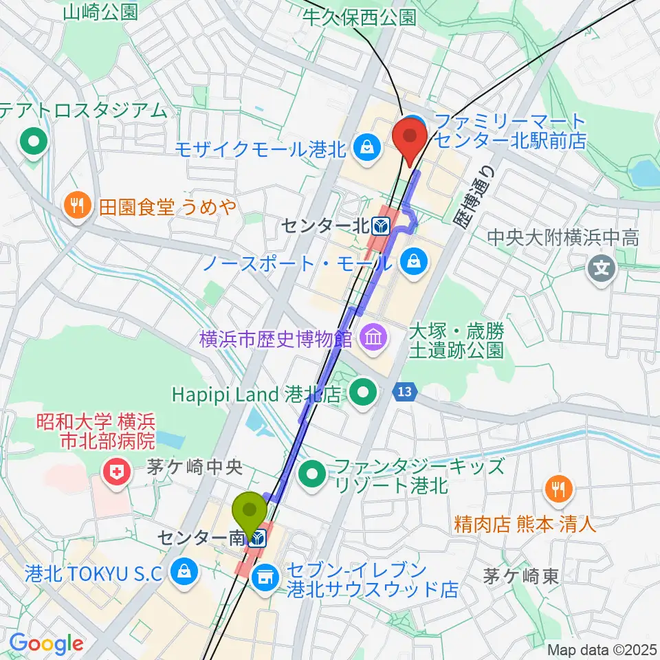 センター南駅から横浜YTJホールへのルートマップ地図