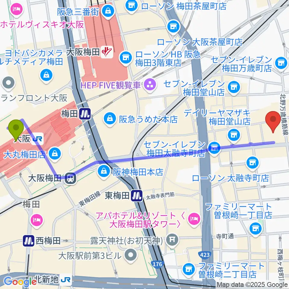 大阪駅から梅田Zeelaへのルートマップ地図