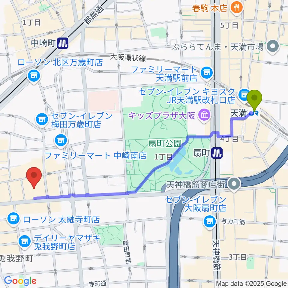 天満駅から梅田Zeelaへのルートマップ地図