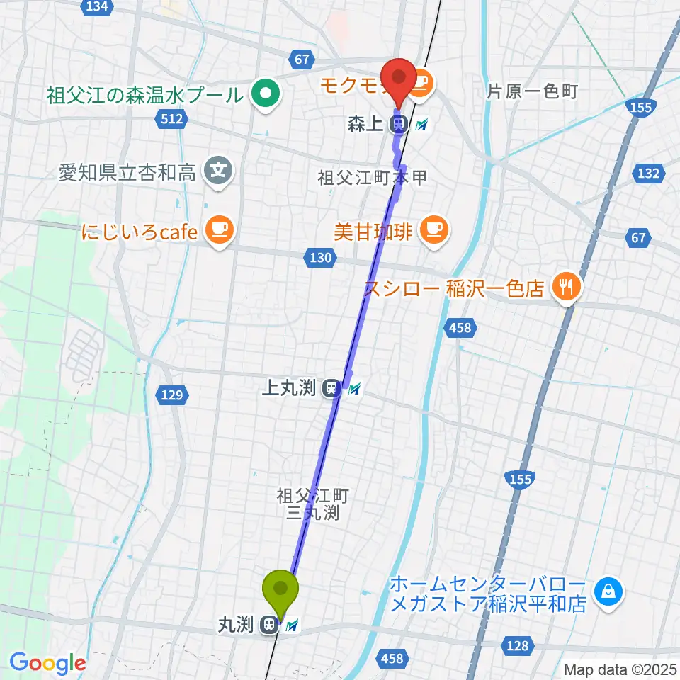 丸渕駅からせいこピアノ教室へのルートマップ地図