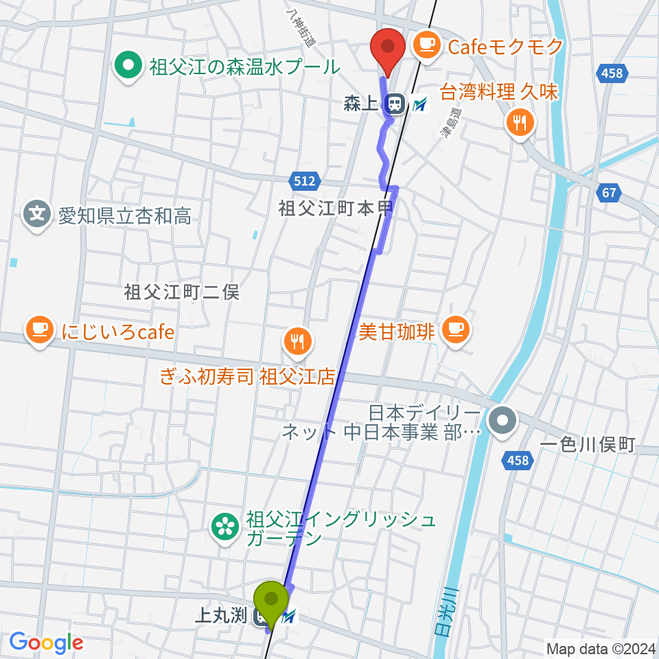 上丸渕駅からせいこピアノ教室へのルートマップ地図