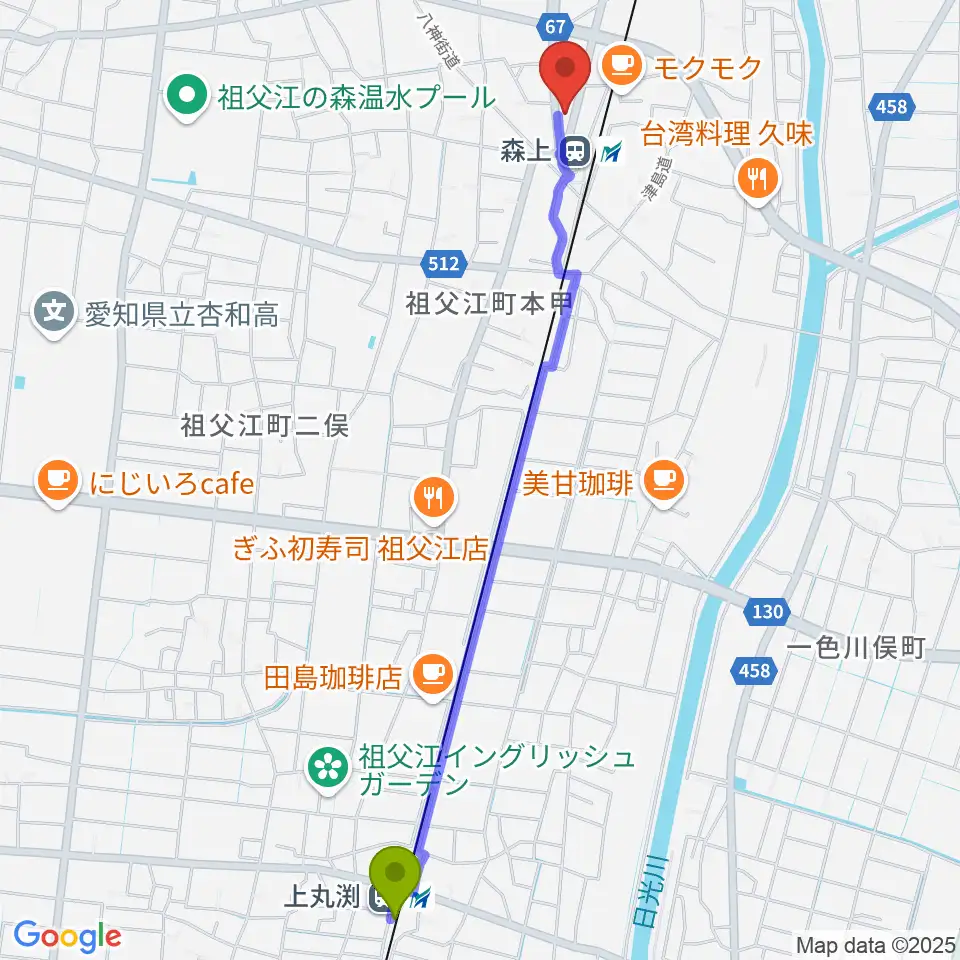 上丸渕駅からせいこピアノ教室へのルートマップ地図