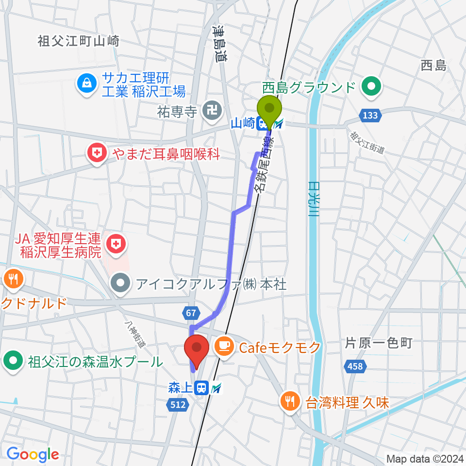 山崎駅からせいこピアノ教室へのルートマップ地図