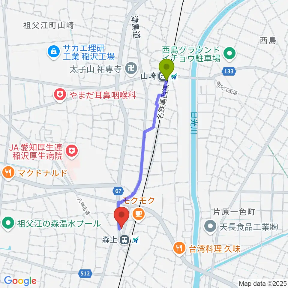 山崎駅からせいこピアノ教室へのルートマップ地図