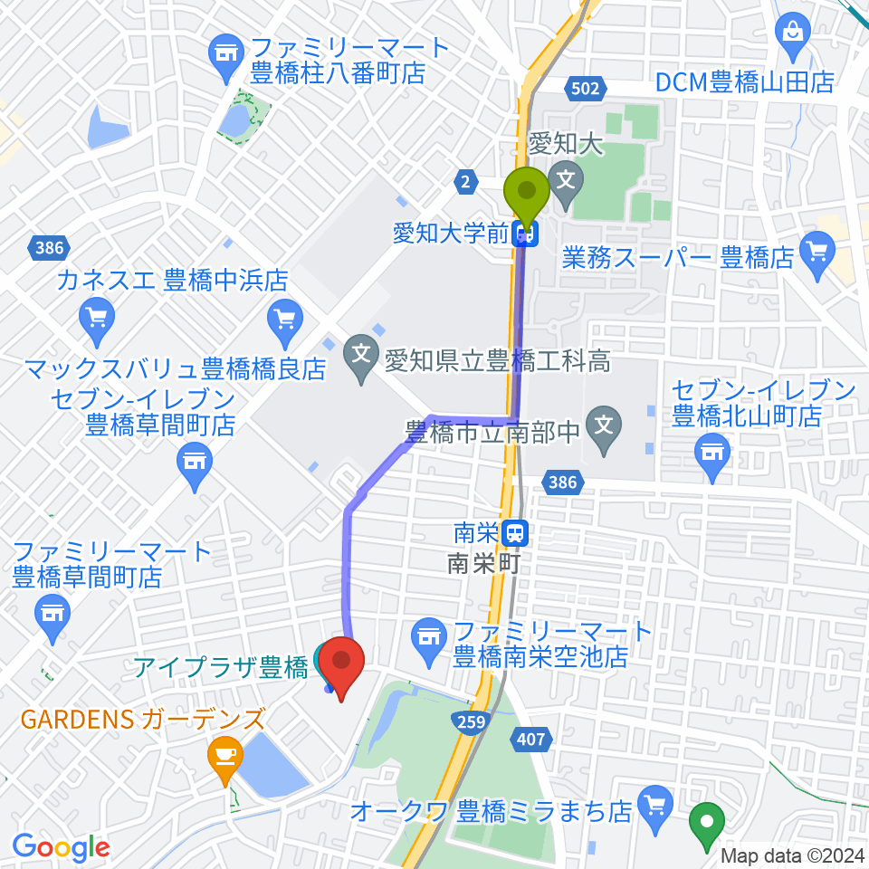 愛知大学前駅からアイプラザ豊橋へのルートマップ地図