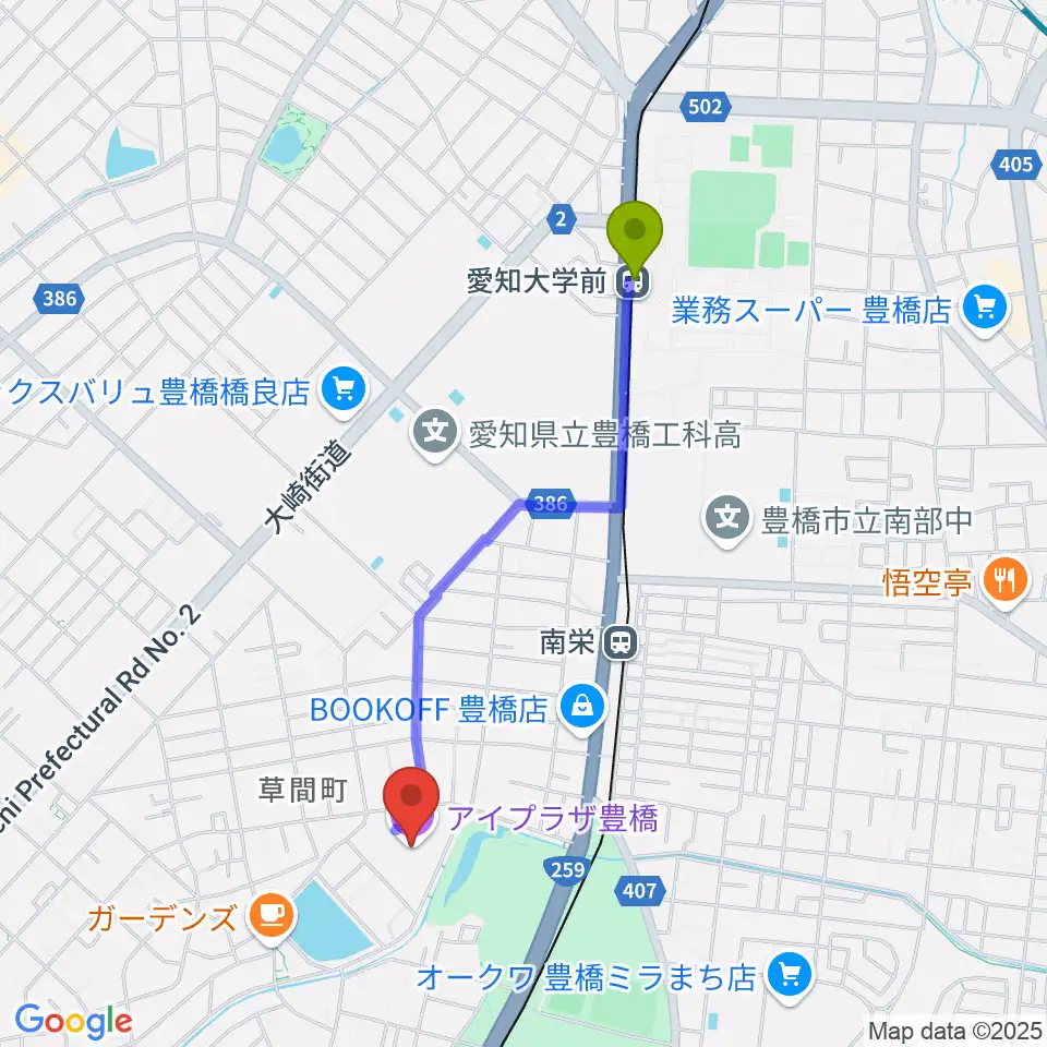 愛知大学前駅からアイプラザ豊橋へのルートマップ地図