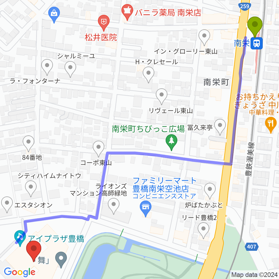 アイプラザ豊橋の最寄駅南栄駅からの徒歩ルート（約9分）地図
